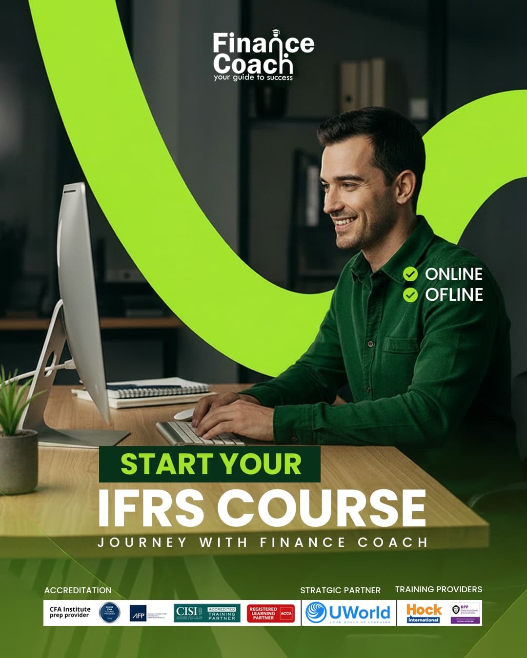 Start your IFRS course journey with Finance Coach — student at a desktop, online and offline